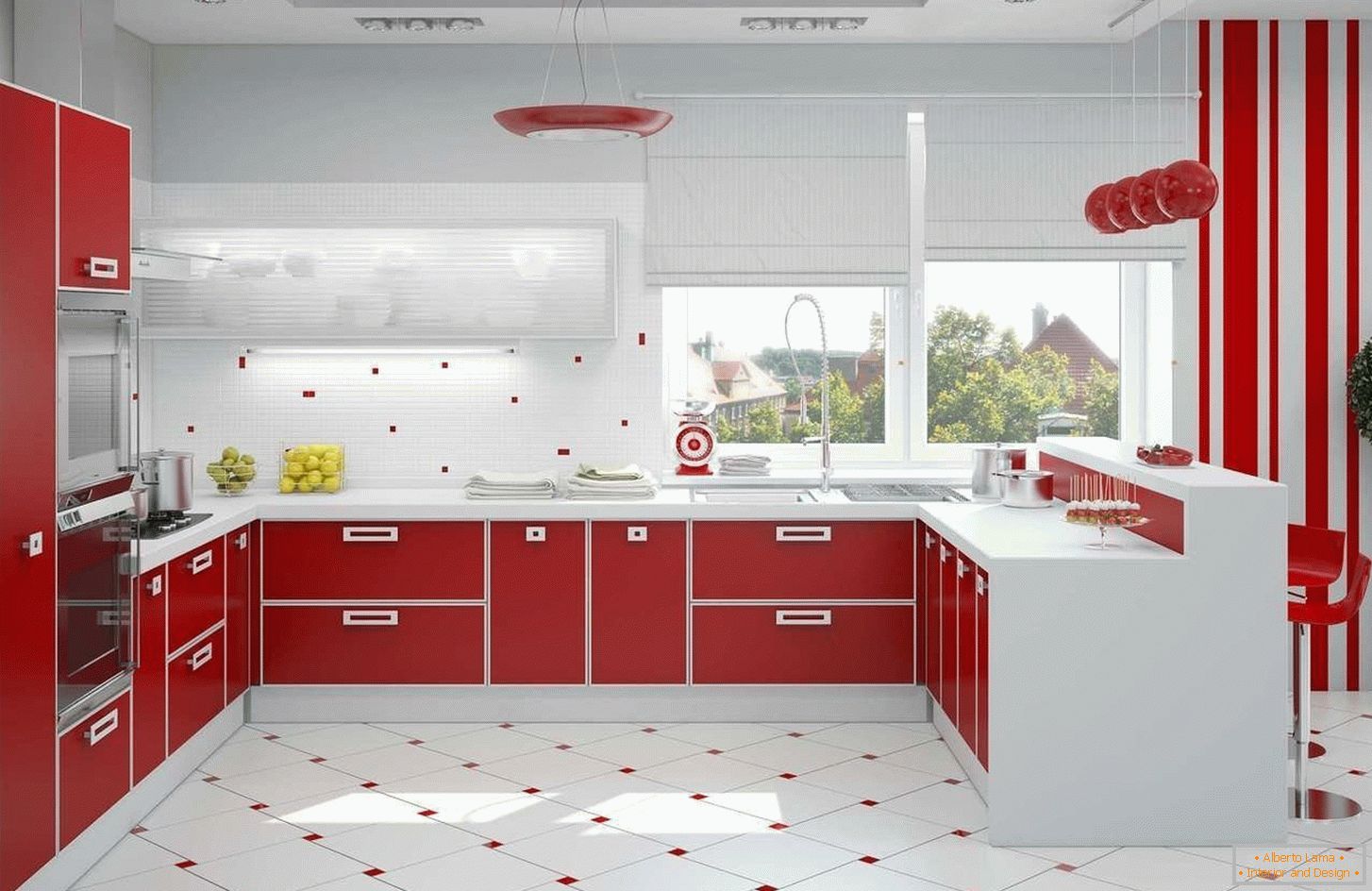 Vörös és fehér konyha belső