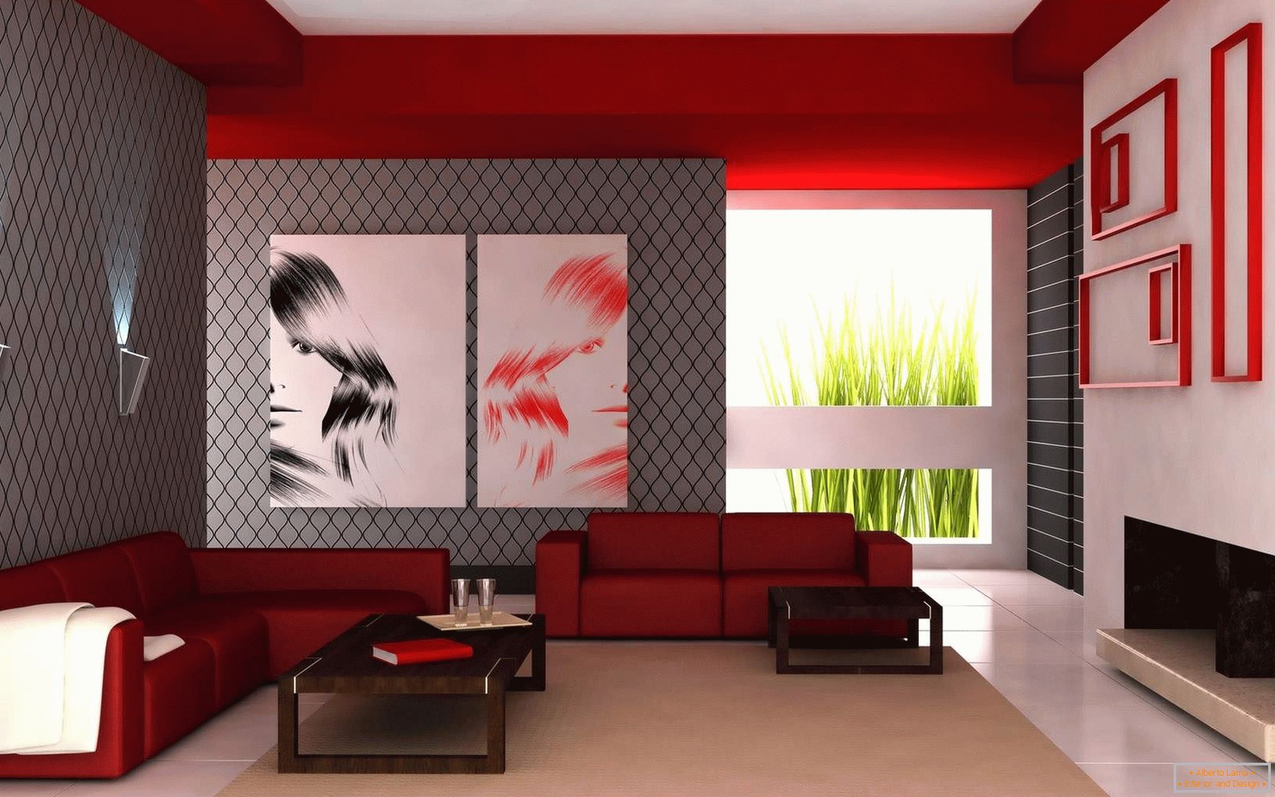 A nappaliban fehér, piros és szürke színek kombinációja