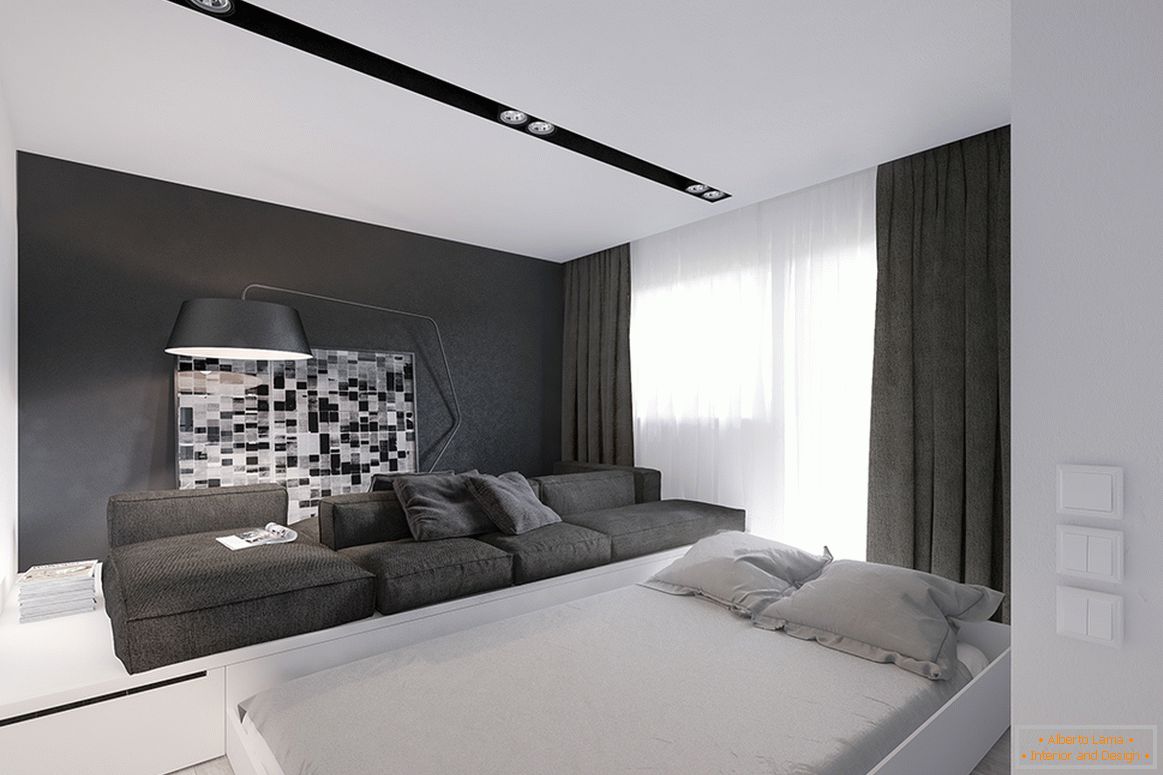 Egy kinyitható ágy egy kis lakás nappalijában