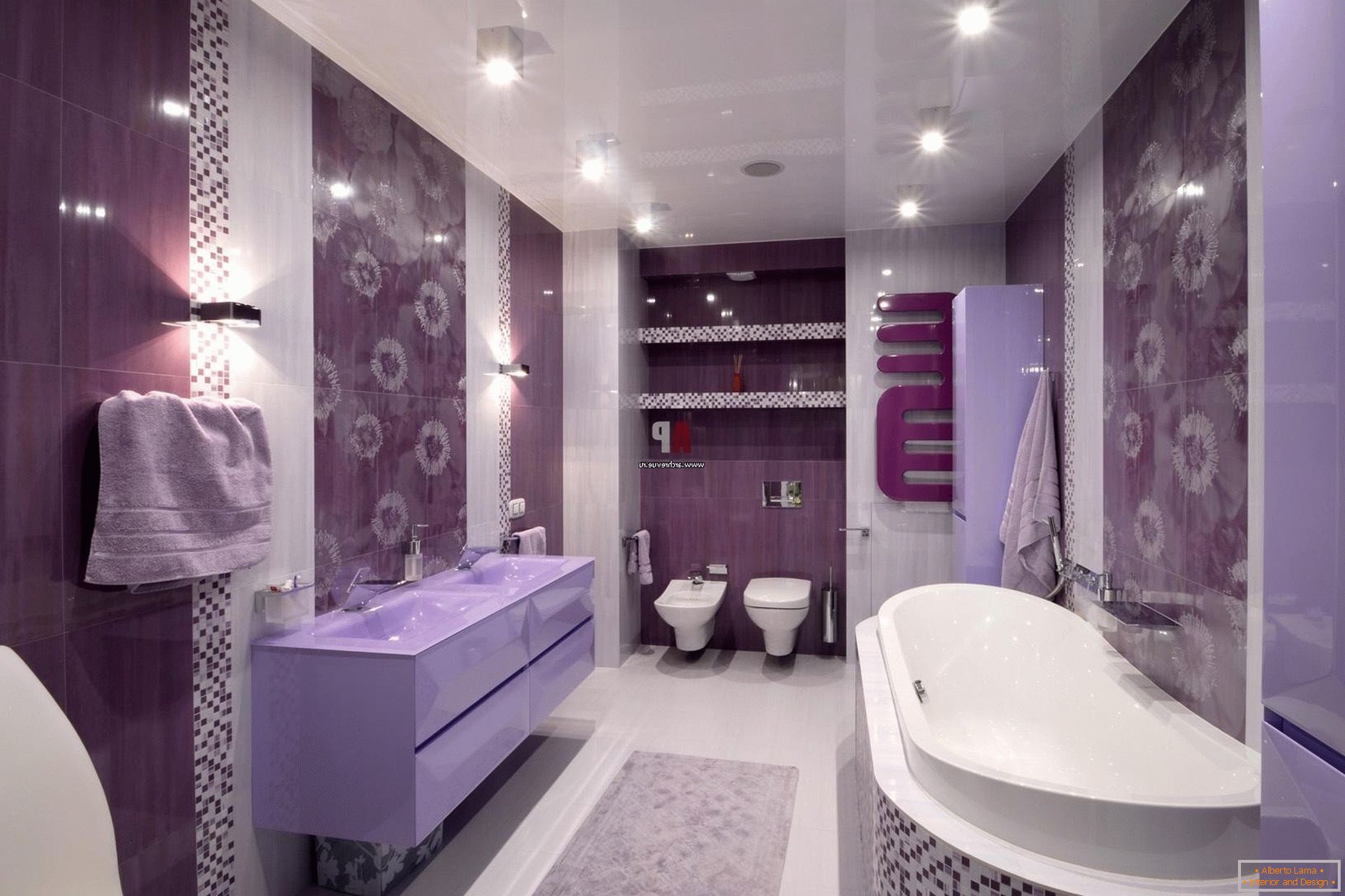A fürdőszoba lilás virágainak luxus designja