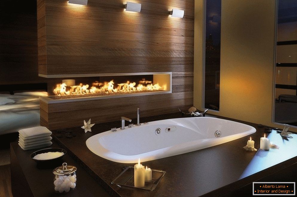 A kandallóval ellátott fürdőszoba modern kialakítása