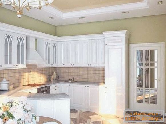 Egy kis konyha belseje egy magánházban - fehér konyha klasszikus stílusban