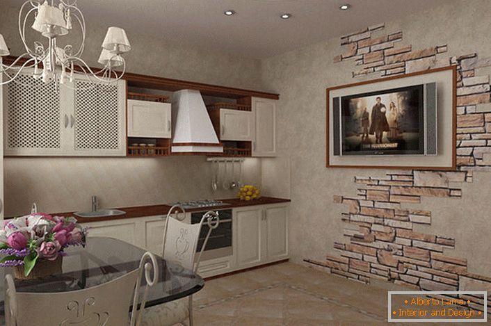 Tervezési projekt egy kis konyha kialakításához országos stílusban. A világos bútorok színei szemben a sötétbarna polcok és a lógó polcok tükrözi a konyhát. Érdekes a fal díszítése is természetes kő segítségével.