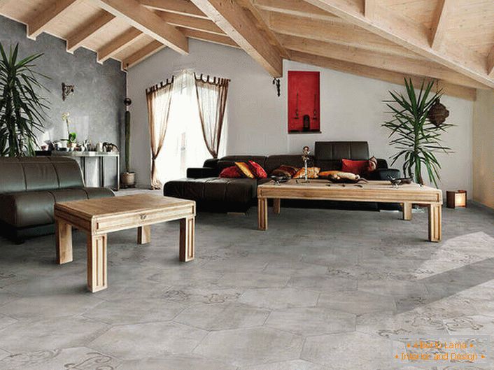A padló és a falak burkolása durva felületet követ. A fa mennyezetét egy közös, bútorokkal összekapcsolt kompozíció alkotja. A tetőtéri stílus szerencsés változata a nappaliban.