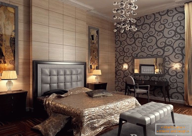 A szoba egy ágy és padló lámpák