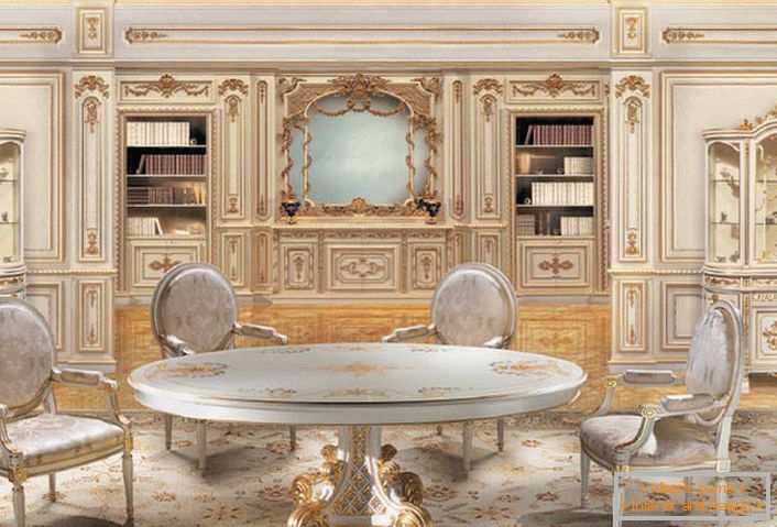 Tervezési projekt a barokk stílusban egy nagy nappali számára. A fából készült székek és az asztal egy stílusban készül.