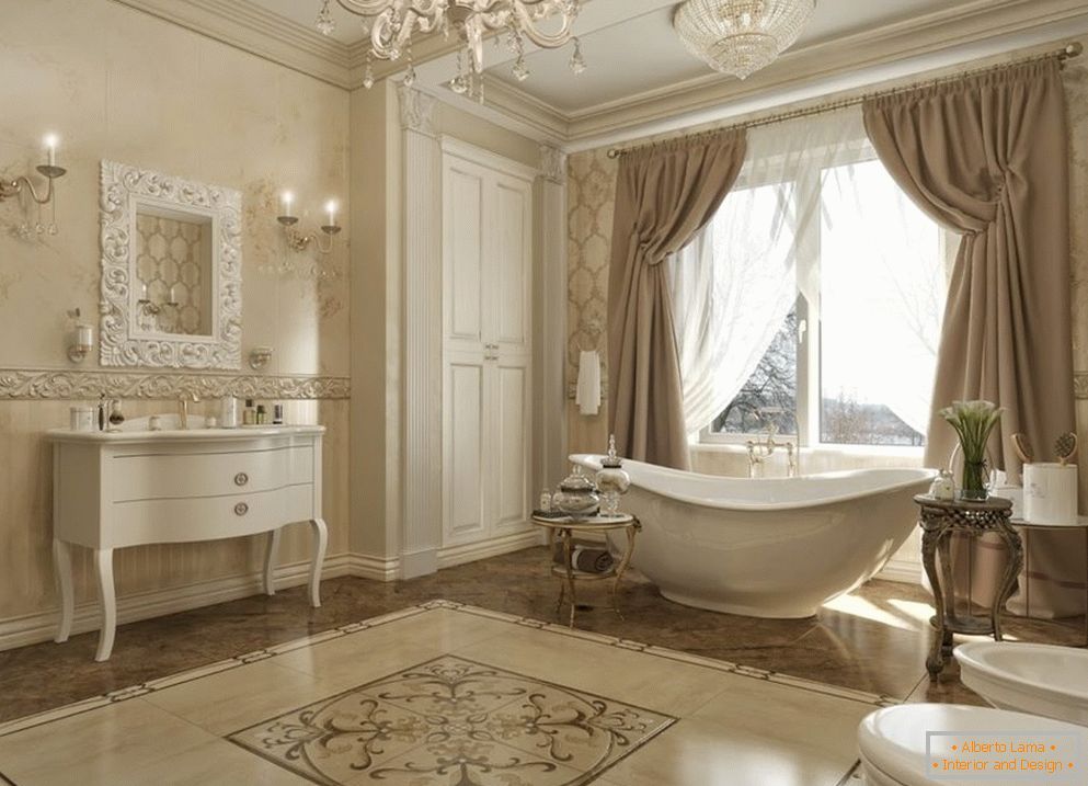 Ablak függönyökkel a fürdőszobában klasszikus stílusban